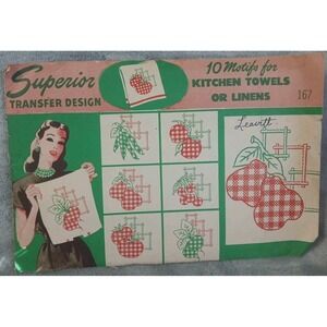 Vtg Superior Embroidery Transfer 167 Gingham Fruit Veggie Tea Towels Linens READ